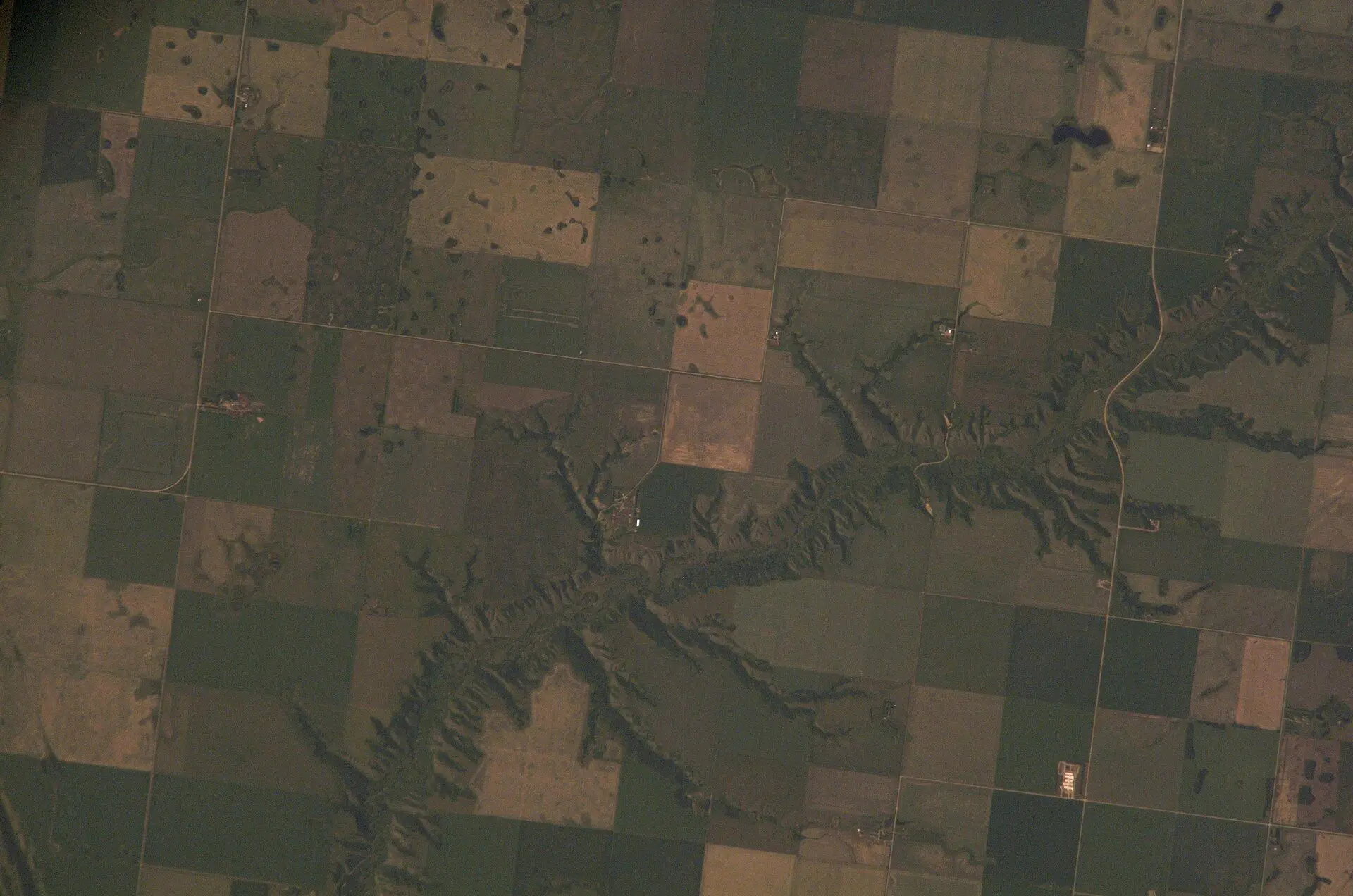 Aerial view of the Qu'Appelle Valley and surrounding farmland